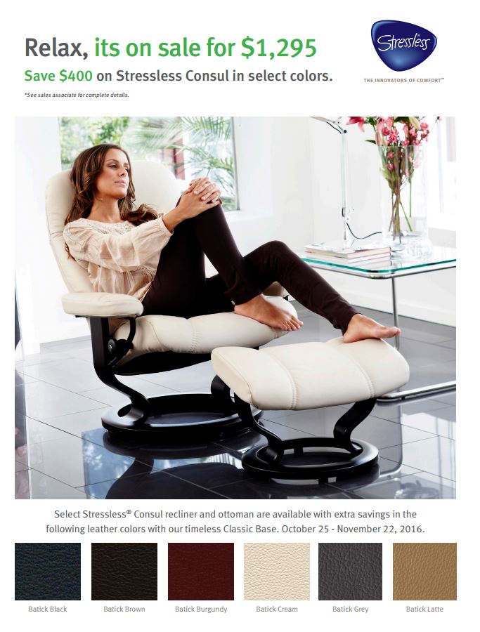 Save $400 on Select Colors in Batick Leather Consul Recliners.